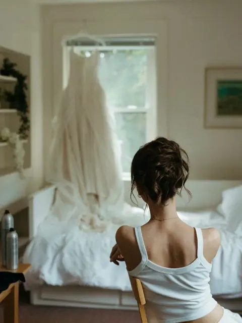 A bride photographed from behind looking at her wedding dress hanging in a bedroom window