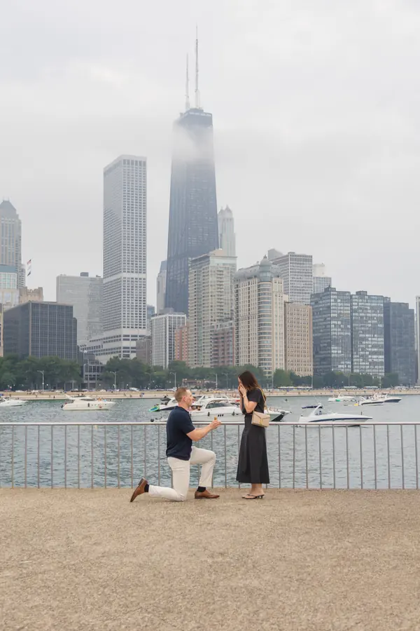 A proposal on one knee along the lakefront with the skyline above