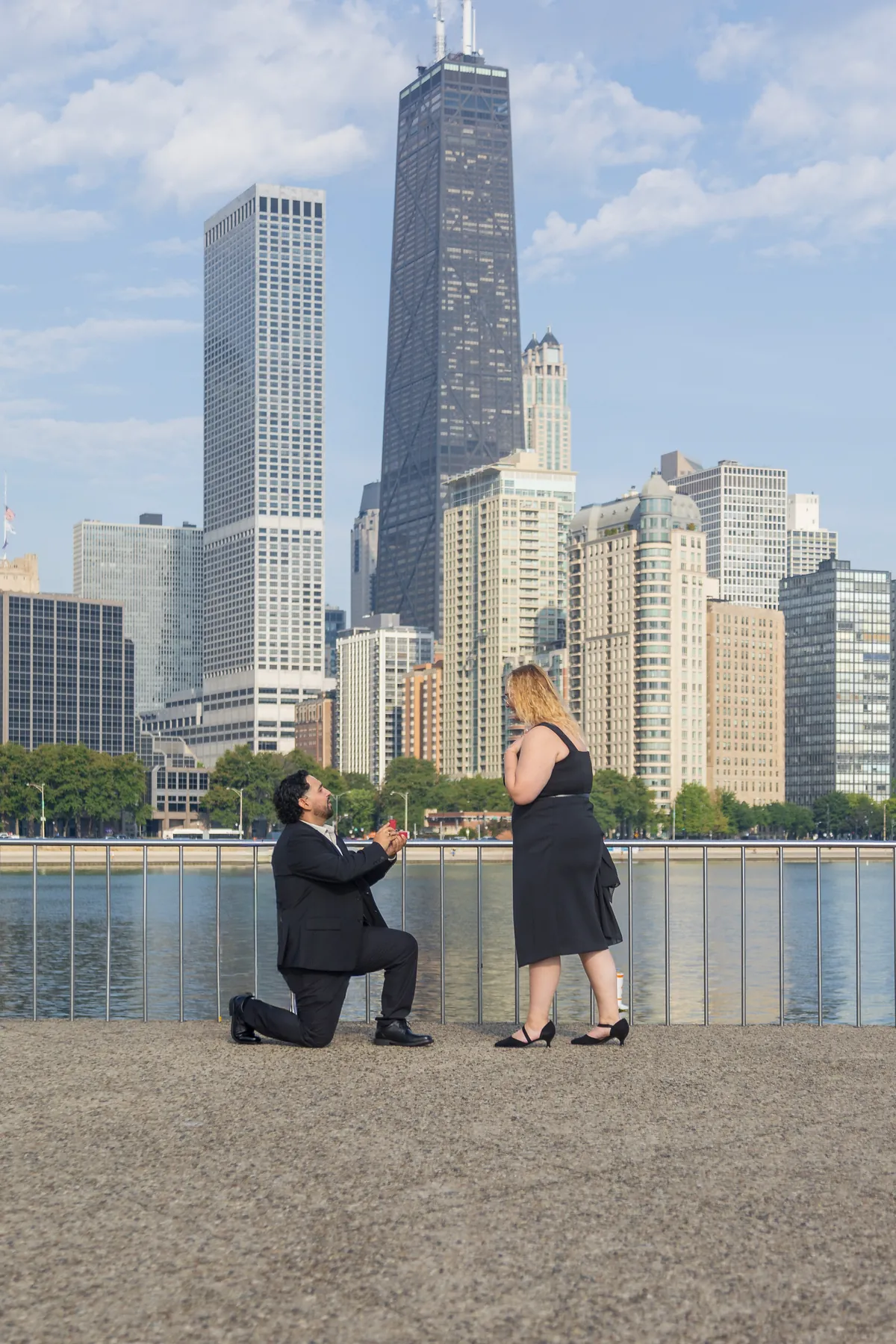 A proposal on the lakefront with the Chicago skyline behind the couple
