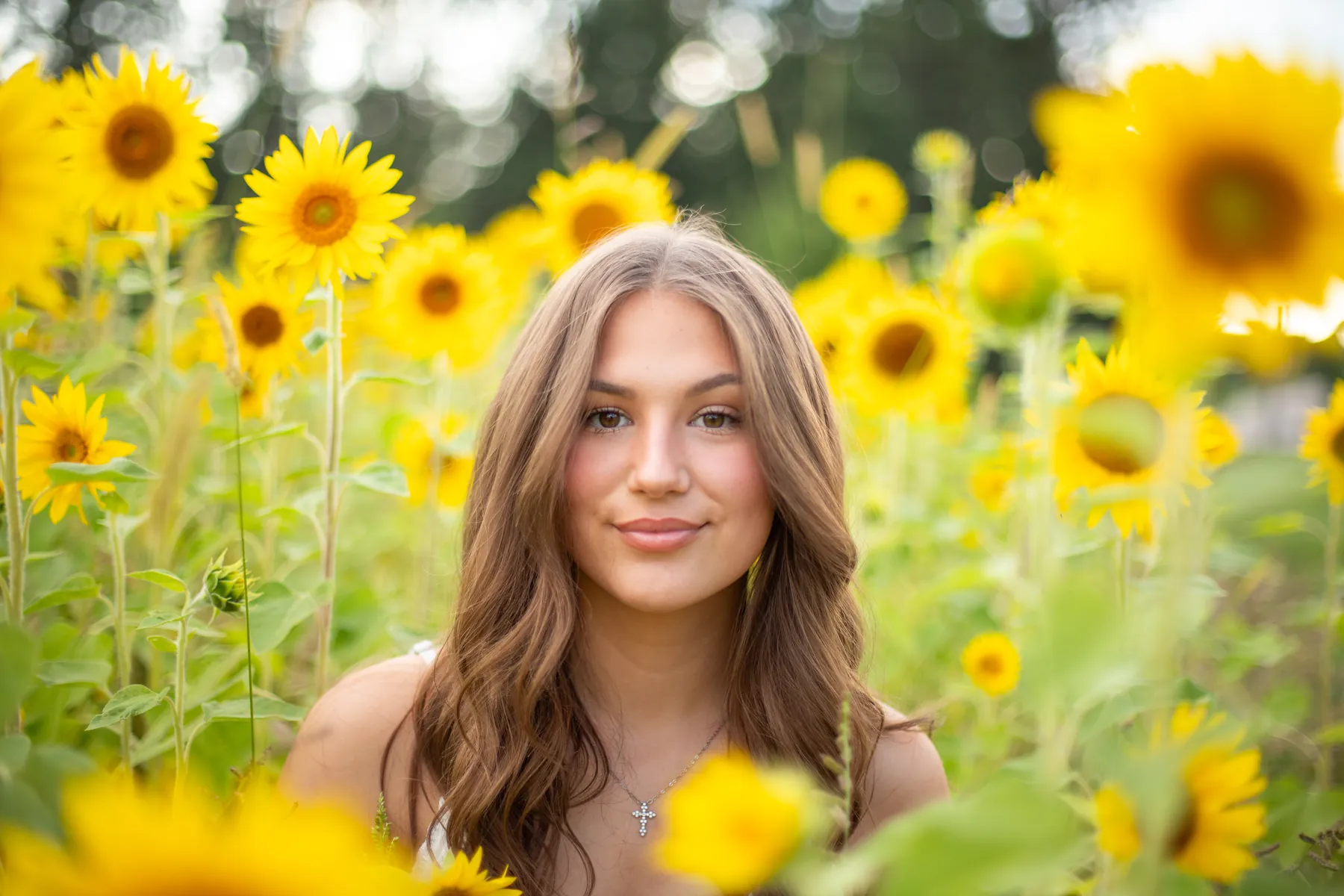 A senior portrait framed by sunflowers